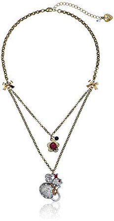 Betsey Johnson "Woodland" Toc Mouse 2 Row Necklace Pink/Antique Gold Strand Necklace: Clothing