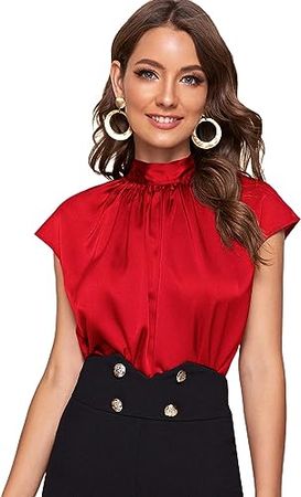 SOLY HUX Women's Mock Neck Satin Silk Short Sleeve Shirt Tie Back Work Blouse Casual Top at Amazon Women’s Clothing store