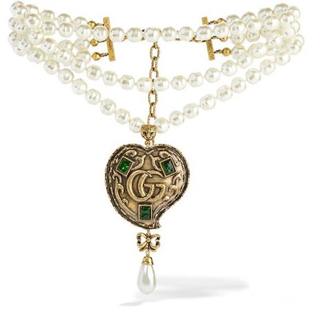 Gucci Burnished gold-tone, faux pearl and crystal necklace