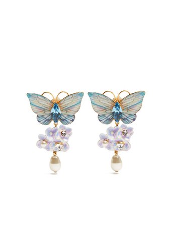Hydrangea And Butterfly Clip-on Drop Earrings In Blue