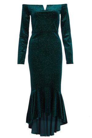 Bottle Green Velvet Glitter Dip Hem Maxi Dress - Quiz Clothing