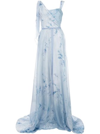 MARCHESA Asymmetric Drape Print Chiffon Lace Gown