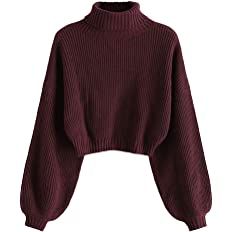 ZAFUL Women's Crew Neck Long Sleeve Pullover Crop Sweater Mock Neck Lantern Sleeve Ribbed Knit Jumper Sweater Red at Amazon Women’s Clothing store