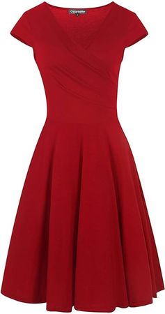 oxiuly Women's V-Neck Cap Sleeve Cotton Blend Casual Work Stretch Swing Dress OX233 (2XL, Dark red) at Amazon Women’s Clothing store