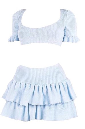 Baby Blue Ribbed Knit Crop Top and Ruffled Layer Skirt