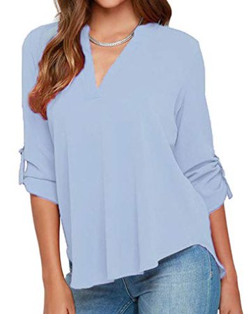 roswear Women's Casual V Neck Cuffed Sleeves Solid Chiffon Blouse Top at Amazon Women’s Clothing store: