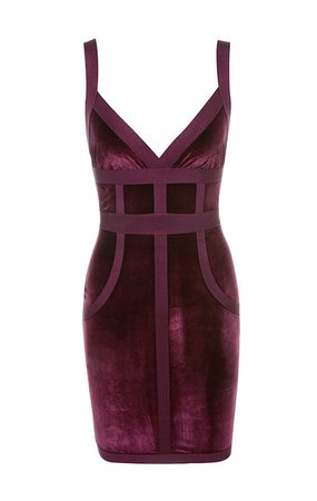 Clothing : Bandage Dresses : 'Carven' Mulberry Velvet & Bandage Cross Bust Dress