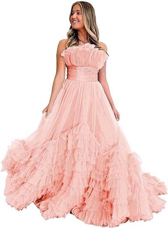Strapless Tulle Prom Dresses Long Layered Ball Gowns for Women Ruffles Princess Dress Formal Evening Gowns at Amazon Women’s Clothing store