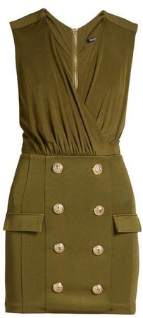 V Neck Button Embellished Jersey Dress - Womens - Khaki