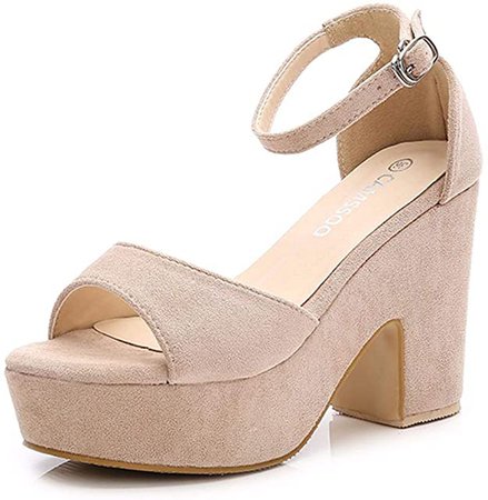 Amazon.com | Women's Platforms Wedges Sandals Suede Open toe Ankle Strap Block Chunky High Heels Pumps Shoes Beige Velvet US7.5 CN38 | Sandals