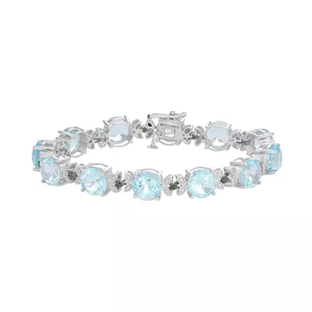 Sterling Silver Sky Blue Topaz & Black Diamond Accent Leaf Bracelet