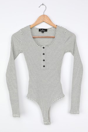 White Striped Bodysuit - Henley Bodysuit - Long Sleeve Bodysuit