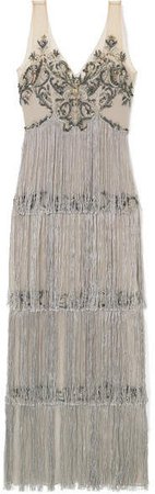 Fringed Embellished Tulle And Satin Gown - Silver