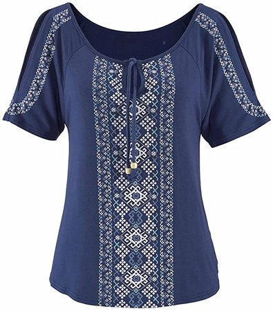 Famulily Women's Ethnic Printed Casual Loose Cold Shoulder Tops Tee Shirt (X-Large, Navy Blue) at Amazon Women’s Clothing store