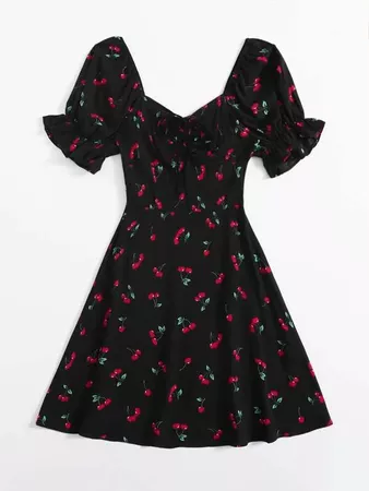 black Drawstring Ruched Bust Puff Sleeve Cherry Print Dress | SHEIN USA