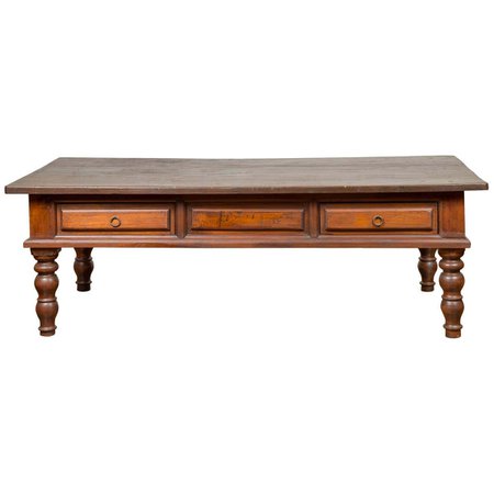 Dutch Colonial Late 19th Century Long Coffee Table with Drawers and Turned Legs For Sale at 1stDibs