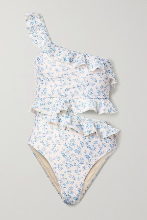 Net Sustain Ruffled Floral-print Stretch-econyl Swimsuit - White