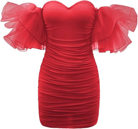 WDIRARA Women's Off Shoulder Prom Dress Puff Sleeve Ruched Mesh Cocktail Bodycon Party Elegant Mini Dresses at Amazon Women’s Clothing store