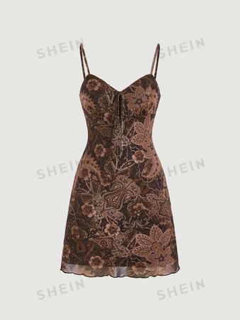 SHEIN MOD Floral & Paisley Print Tie Front Elasticity Vintage Cami Dress | SHEIN