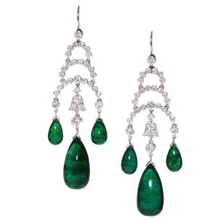 Modern Cabochon Emerald, Diamond and White Gold Drop Earrings For Sale at 1stDibs