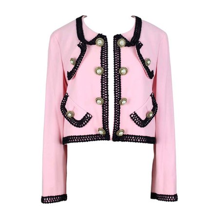 1980s MOSCHINO COUTURE! Pink Wool Smiley Face Buttons Chanel Inspired Jacket For Sale at 1stdibs