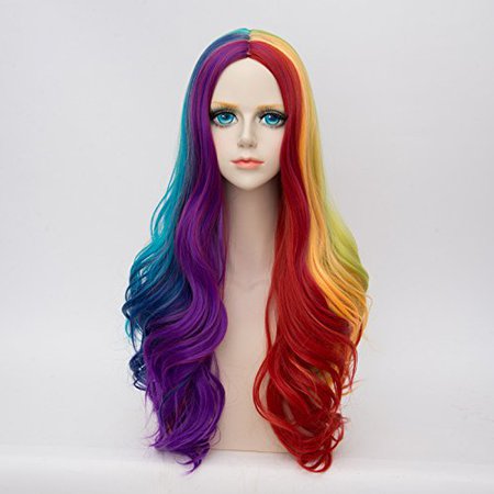 Alacos Rainbow Color 72cm Long Braid Curly Gothic Lolita Harajuku Anime Cosplay Christmas Costume Wigs for Women +Free Wig Cap (Red/Yellow/Blue/Purple)