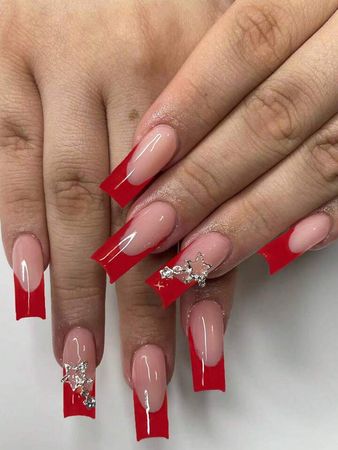 24pcs Press on Nails Long square Red French& 3D Star pendant design Full Cover False Nails set, contain 1pcs Jelly Glue and 1pcs Nail File, for Nail Art Decorations by Women & Girls | SHEIN USA