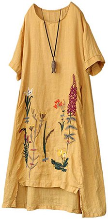 Minibee Women's Embroidered Linen Dress Summer A-Line Sundress Hi Low Tunic Clothing at Amazon Women’s Clothing store