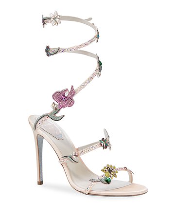 Rene Caovilla 105mm Snake-Ankle Floral Stud Sandals | Neiman Marcus