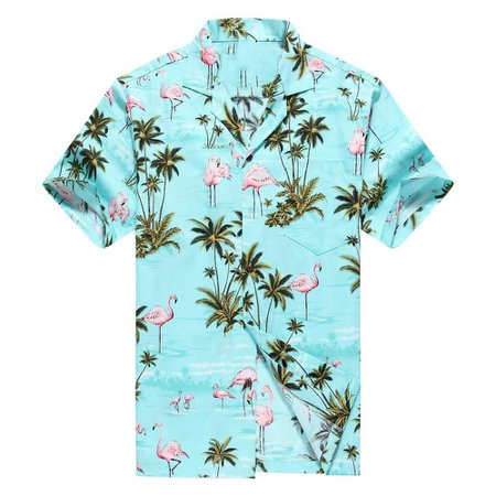 Made in Hawaii Men's Hawaiian Shirt Aloha Shirt Pink Flamingos Allover in Turquoise