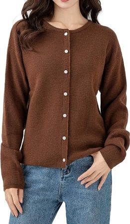 Simple&Opulence Women’s Cardigan Button Down Crew Neck Sweater Open Front Long Sleeve Lightweight Knitted Sweaters at Amazon Women’s Clothing store