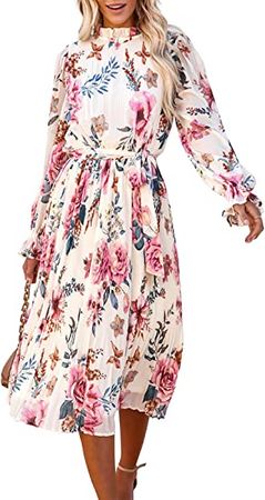 ANRABESS Women's Floral Midi Dress Puff Long Sleeve Ruffle Trim Smocked A-line Pleated Swing Chiffon Dresses with Belt at Amazon Women’s Clothing store