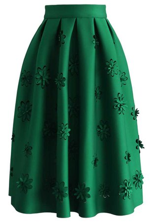 Falling Flowers Airy Pleated Midi Skirt in Green - Retro, Indie and Unique Fashion