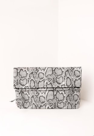 Grey Snake Print Fold Over Clutch Bag | Missguided