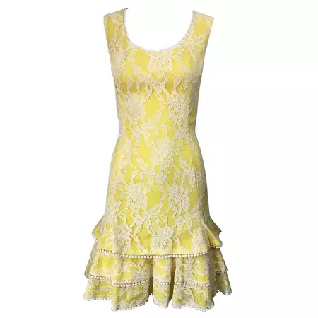1960s Lilli Diamond Canary Yellow and White Lace Silk Vintage 60s Dress For Sale at 1stDibs