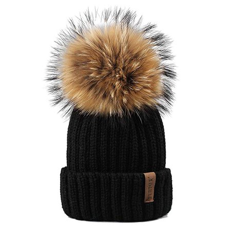 FURTALK Winter Hat With Real Raccoon Fur Pom-Pom
