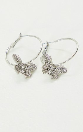 Silver Butterfly Diamante Hoop Earrings | PrettyLittleThing USA