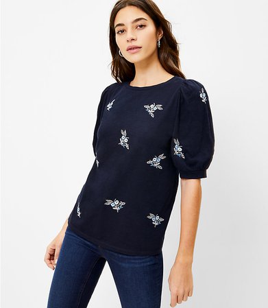 Embroidered Puff Shoulder Tee | LOFT
