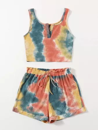 multi Tie Dye Rib-knit Crop Tank Top & Paperbag Waist Cuffed Shorts Set | SHEIN USA
