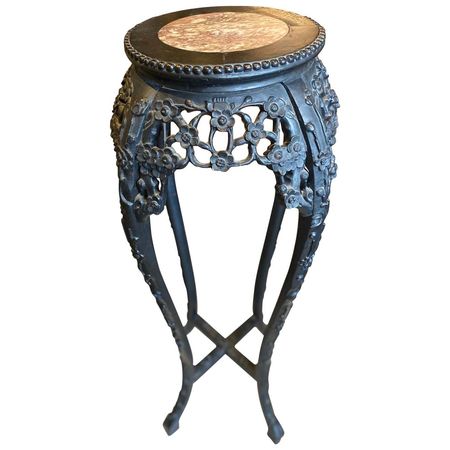 Antique Chinese Tall Plant Stand Table with Marble Inset For Sale at 1stDibs