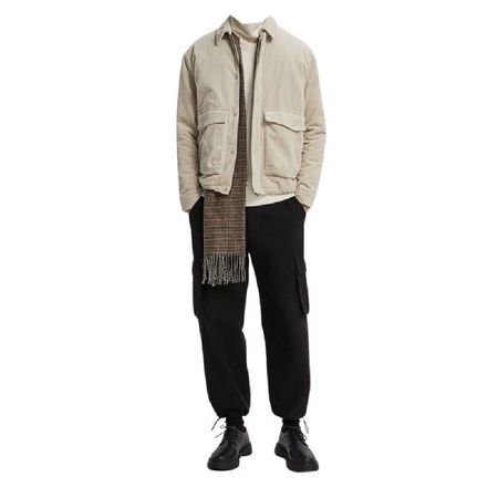 beige off white turtleneck sweater corduroy jacket coat brown plaid scarf black cargo pants shoes full outfit png