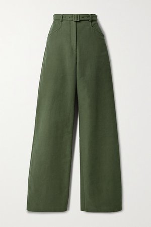 Norman Belted Linen-blend Canvas Wide-leg Pants - Army green