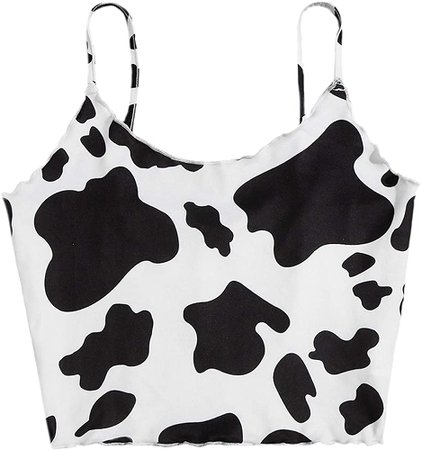 Romwe Women's Cute Cow Print Spaghetti Strap Sleeveless Cami Crop Top Camisole Black and White S at Amazon Women’s Clothing store