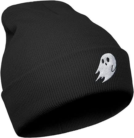 ikenacy Halloween Cool Ghost Knit Beanie Hats for Men Women, Perfect Cute Goth Boo Gifts, Embroidered Gothic Soft Warm Skull Cap, Slouchy Daily Unisex Spooky Beanie Cap for Winter Cold Weather Black at Amazon Women’s Clothing store