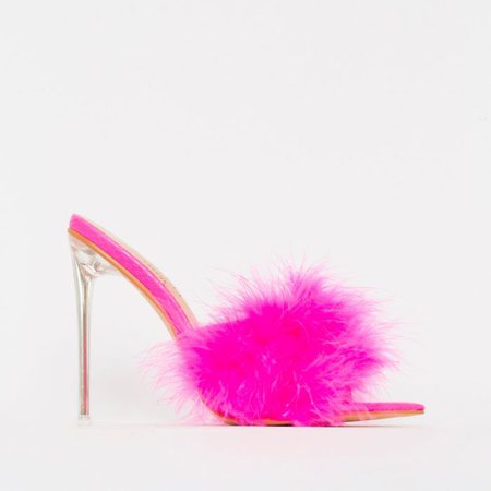 Faye Pink Fluffy Clear Mule Heels
