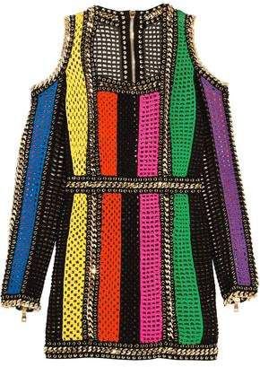 Balmain Cold-Shoulder Embellieshed Crochet-Knit Mini Dress