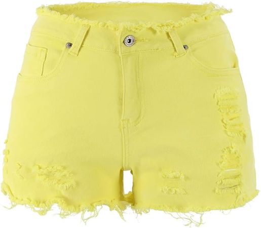 THUNDER STAR Ripped Jean Shorts for Women Mid Rise Frayed Raw Hem Stretchy Denim Shorts Yellow XXL at Amazon Women’s Clothing store