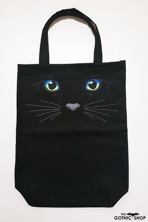Kitty Cat Eyes Face Embroidered Black Canvas Shopping Bag