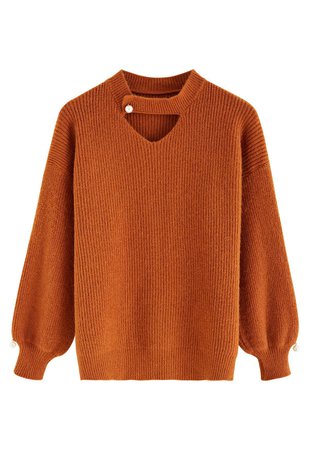 Pearl Decor Choker Neck Ribbed Knit Sweater in Pumpkin - Retro, Indie and Unique Fashion
