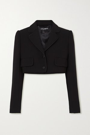 Cropped Satin-trimmed Stretch Wool And Silk-blend Blazer - Black